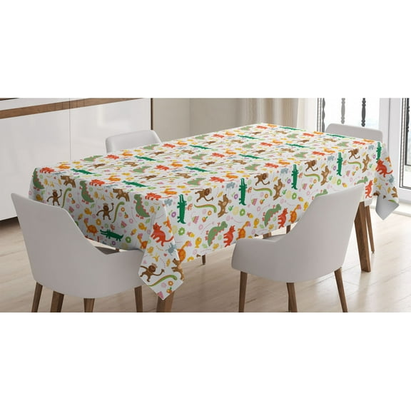 Animals Tablecloth, Jolly Cartoon Animals Colorful Flowers and Hearts for Cheerful and, Rectangle Satin Table Cover Accent for Dining Room and Kitchen, 60" X 84", Multicolor, by Ambesonne