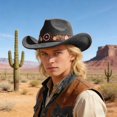 thumbnail image 2 of Felt Cowboy Hat Wide Brim Flower Embroidered Belt Western Sun Hats Casual Party Beach Jazz Cap for Men Women Unisex, 2 of 7