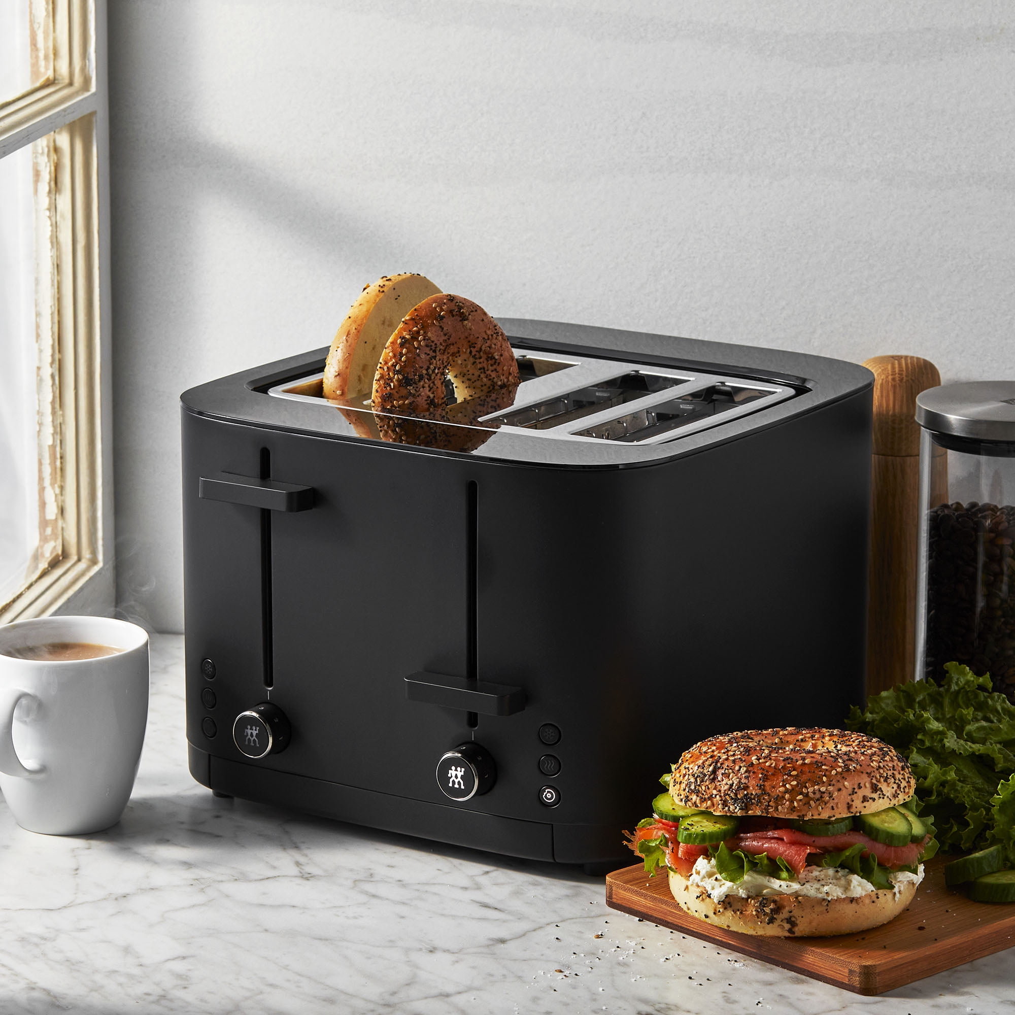 ZWILLING Enfinigy Cool Touch, 4-Slice Long Slot Toaster, Extra Wide 1.5  Slots for Bagels and Toast, Black