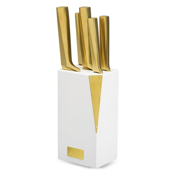 Thyme & Table 6-Piece Slim Acacia Knife Block Set with Gold Blades and White Accent Block