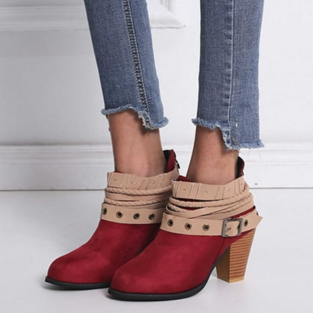 

Fesfesfes Faux-Leather Boots for Women Retro Fashion Back Zipper Belt Buckle Chunky Ankle Boots 7(41)