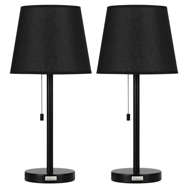 Modern Metal Bedside Table Lamp with Pull Chain, Set of 2 Black