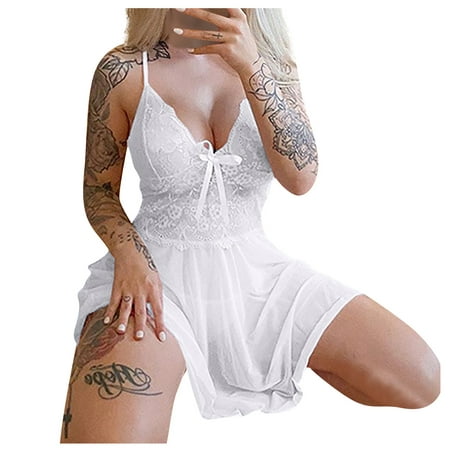 

OVTICZA Valentines Lingerie for Women See Through Spaghetti Strap Chemise Babydoll Nightgown Lace Bow Nightdress White 2XL