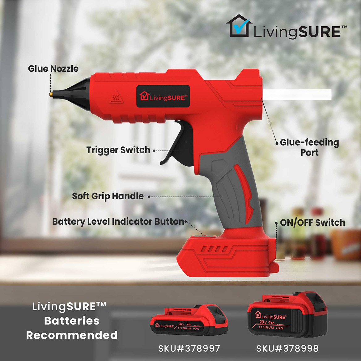 Cordless Hot Glue Gun by LivingSURETM Fast Preheating Hot Melt Glue Gun includes 20pcs Glue Sticks Ergonomic Easy Grip Handle - Battery Not Included