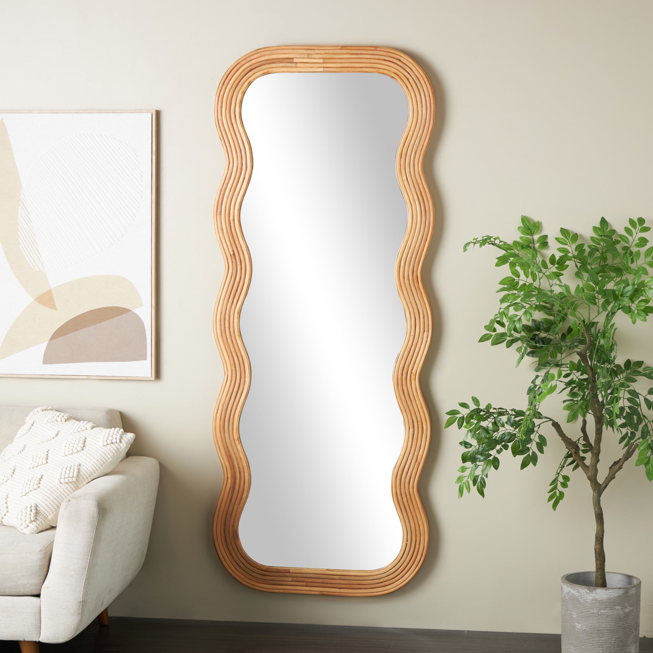 DecMode 29" x 73" Brown Handmade Wavy Wall Mirror with Ribbed Frame