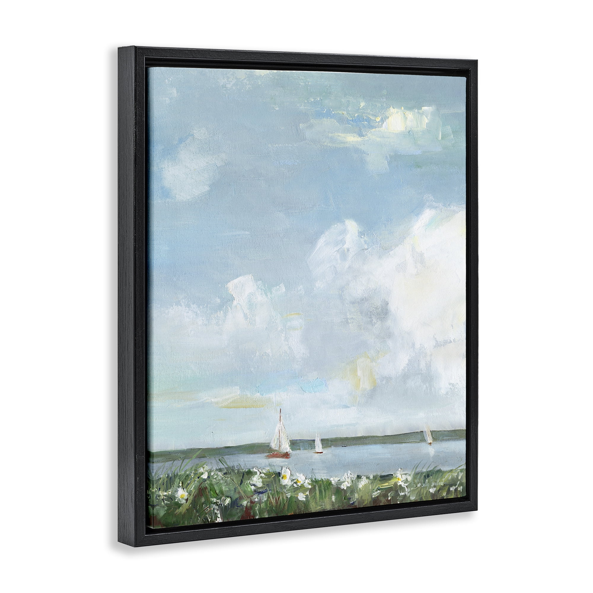 Stupell Industries Seaside Sailing Under Clouds Black Framed Floater Canvas Wall Art, design by Sally Swatland