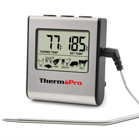 ThermoPro TP-16 Large LCD Cooking Food Meat Thermometer for Smoker Oven Kitchen BBQ Grill Thermometer Clock Timer with Stainless Steel Temperature (Best Digital Oven Thermometer For Baking)