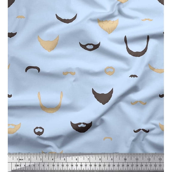 Soimoi Blue Velvet Fabric Mustache Face Printed Fabric 1 Yard 60 Inch Wide