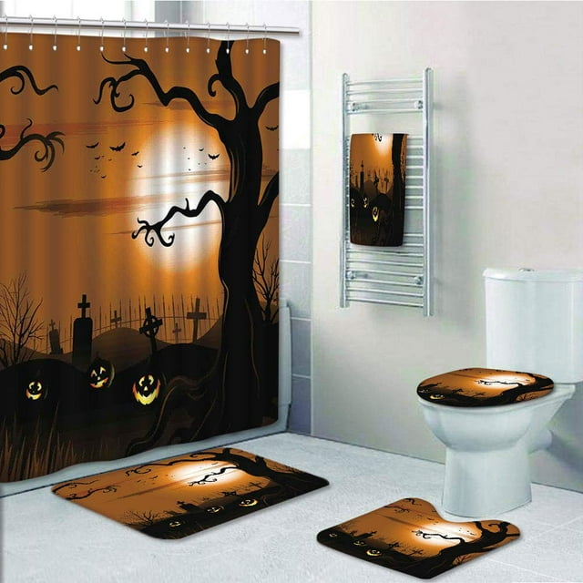 EREHome Halloween Arbre Rampant Sans Feuilles avec des Branches Rampantes la Nuit dans le Cimetière 5 Pièce Ensemble de Salle de Bain Douche Rideau Serviette de Bain Tapis de Bain Tapis et Couverture de Couvercle de Toilette