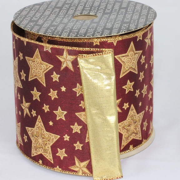 Burgundy and Gold Star Print Wired Craft Ribbon 5" x 20 Yards