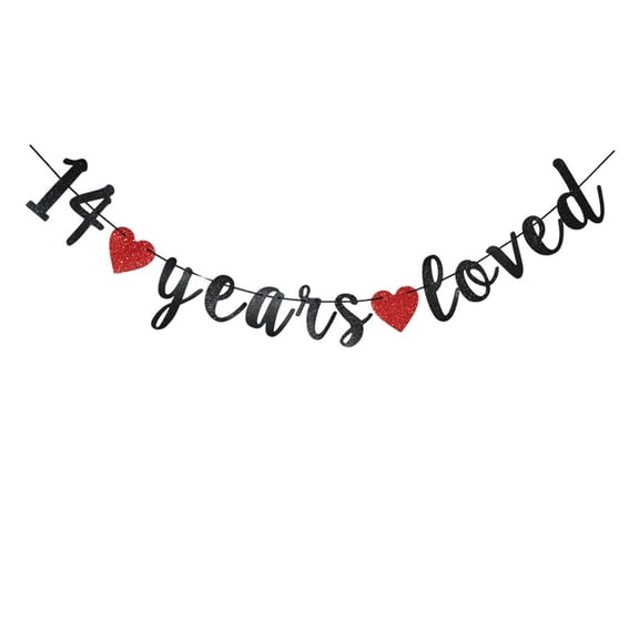 14 Years Loved Black Banner, 14th Birthday Party Bunting Sign, Happy 14th Wedding Anniversary Party Decoration Garlands
