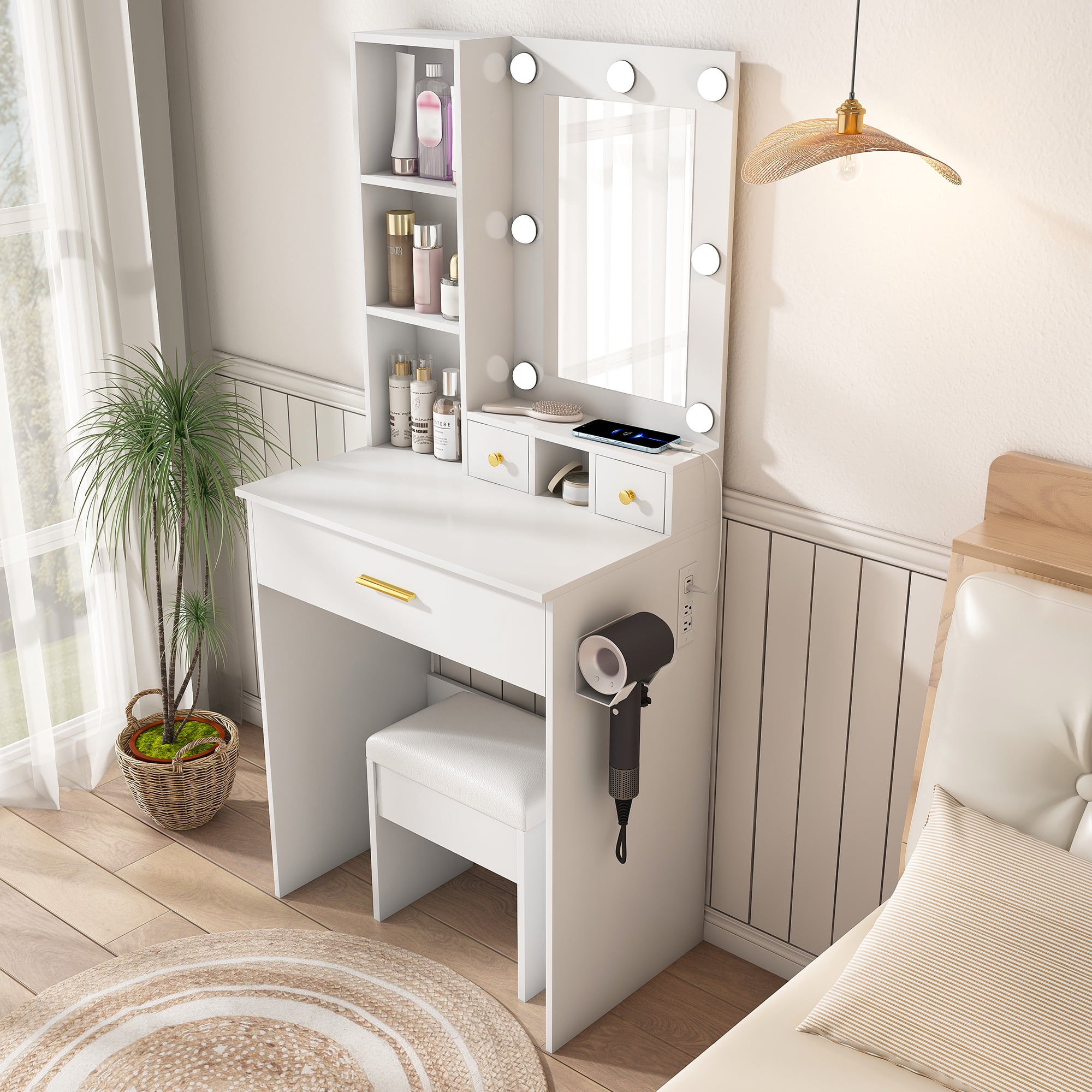 Compact Makeup Vanity Table with Adjustable LED Light Mirror, Built-in Power Outlet, Hairdryer Holder & Padded Stool, Multi Drawer Storage Dressing Table for Small Bedroom