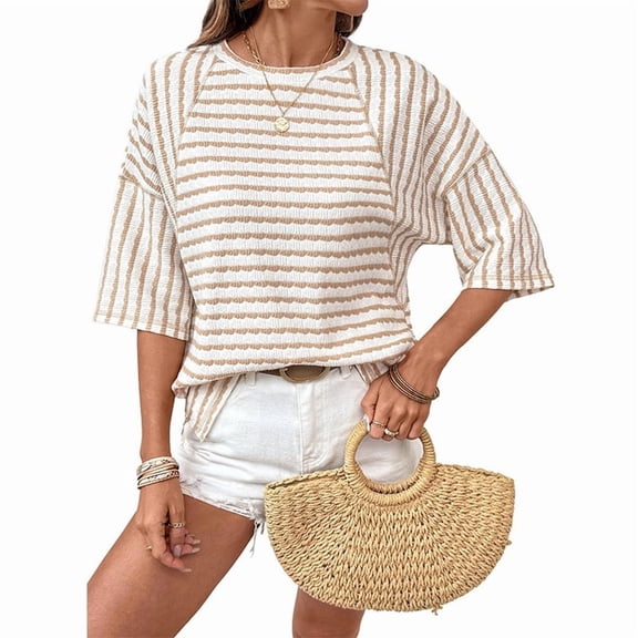 Women's Spring Fashion Elegant Casual Striped Color-Blocked Tops Loose Tshirts Basic Blouse Beige L
