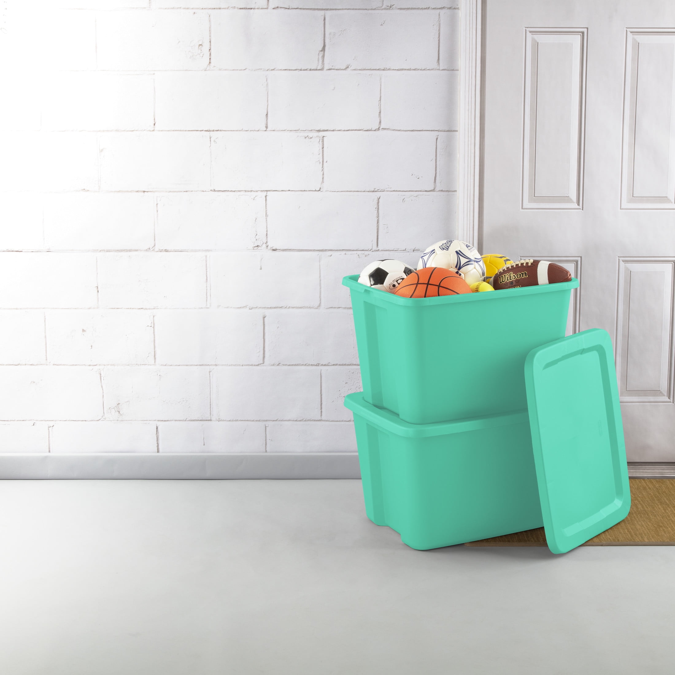 Sterilite 18 Gallon Tote, Plastic Storage Bin with Snap-on Lid, Teal