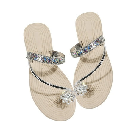 

Summer Savings Clearance 2023! WJSXC Sandals and Slippers for Womens Womens Rhinestone Flower Pin-toe Soft Sole Sandals Minimal Flat Beach Shoes Silver 41