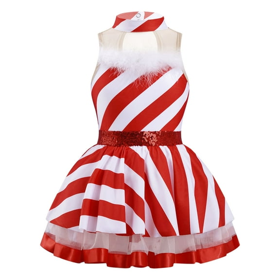 Miutii Girls Christmas Claus Santa Dress Up Sleeveless Candy Cane Sequin Dance Dress Red 16