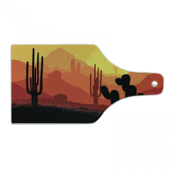 Arizona Cutting Board, Sunset View Illustration with Mountains Horizon Large Saguaro Cactus Silhouettes, Decorative Tempered Glass Cutting and Serving Board, in 3 Sizes, by Ambesonne