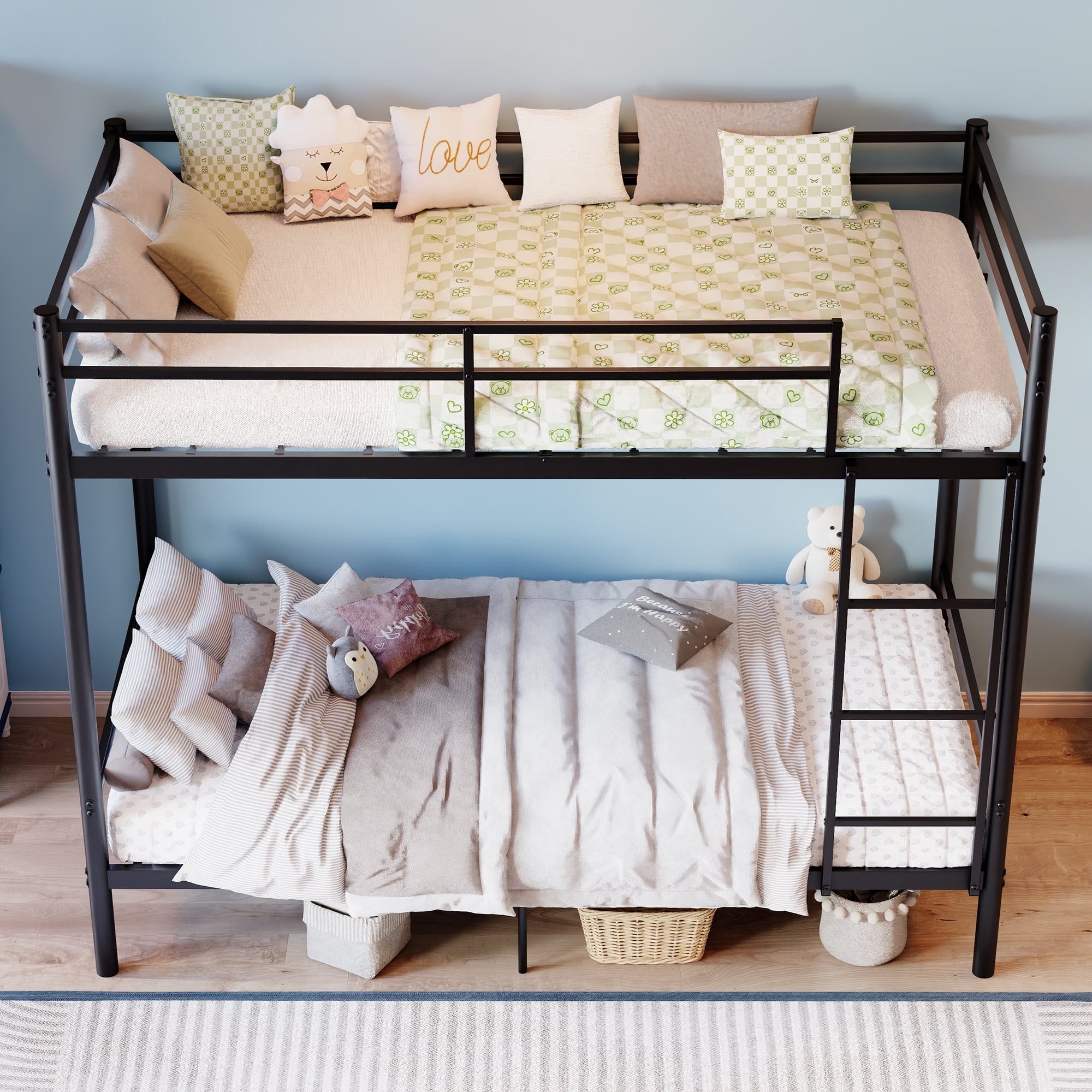 MAYEERTY Twin Over Twin Metal Bunk Bed with Ladder, Space-Saving Bed Frame for Kids Teens Adults, Supports 330 lbs Top & 440 lbs Bottom Bunk, No Box Spring Needed