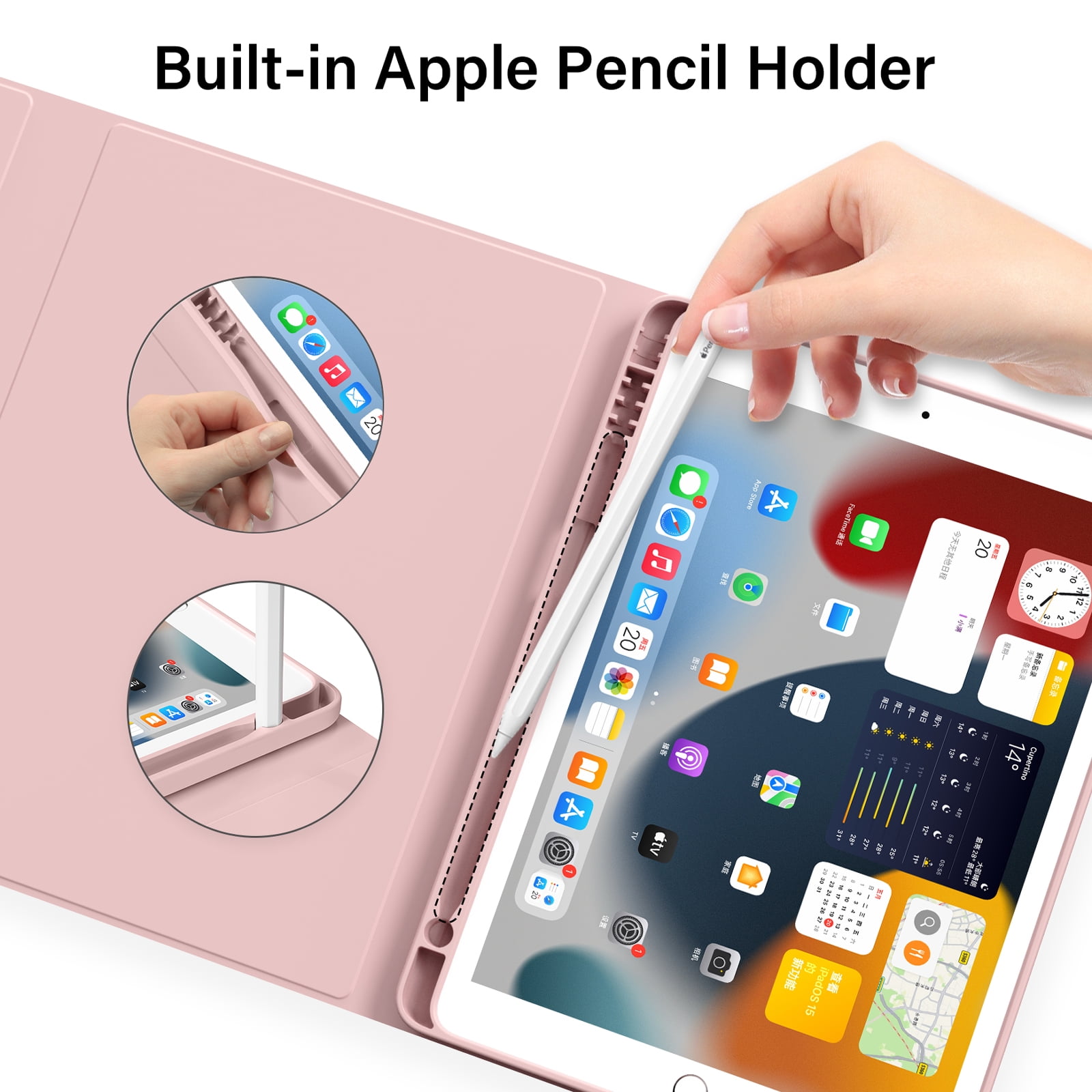 Aoub iPad 9th/8th/7th Generation Keyboard Case with Pencil Holder, Stand Folio Detachable Wireless Bluetooth Keyboard Cover, Soft TPU Back Smart Case for iPad 10.2 inch 2021/2020/2019, Pink