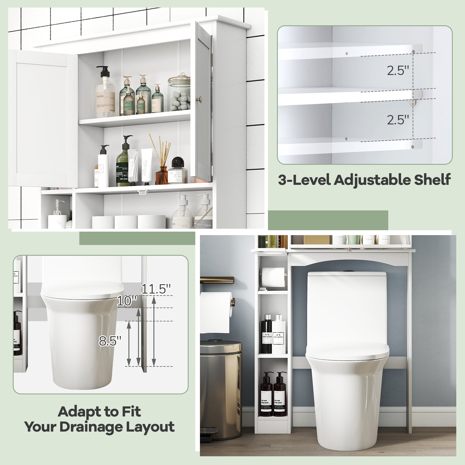 Costway Over the Toilet Storage Cabinet Bathroom Storage Organizer with Toilet Paper Holder White