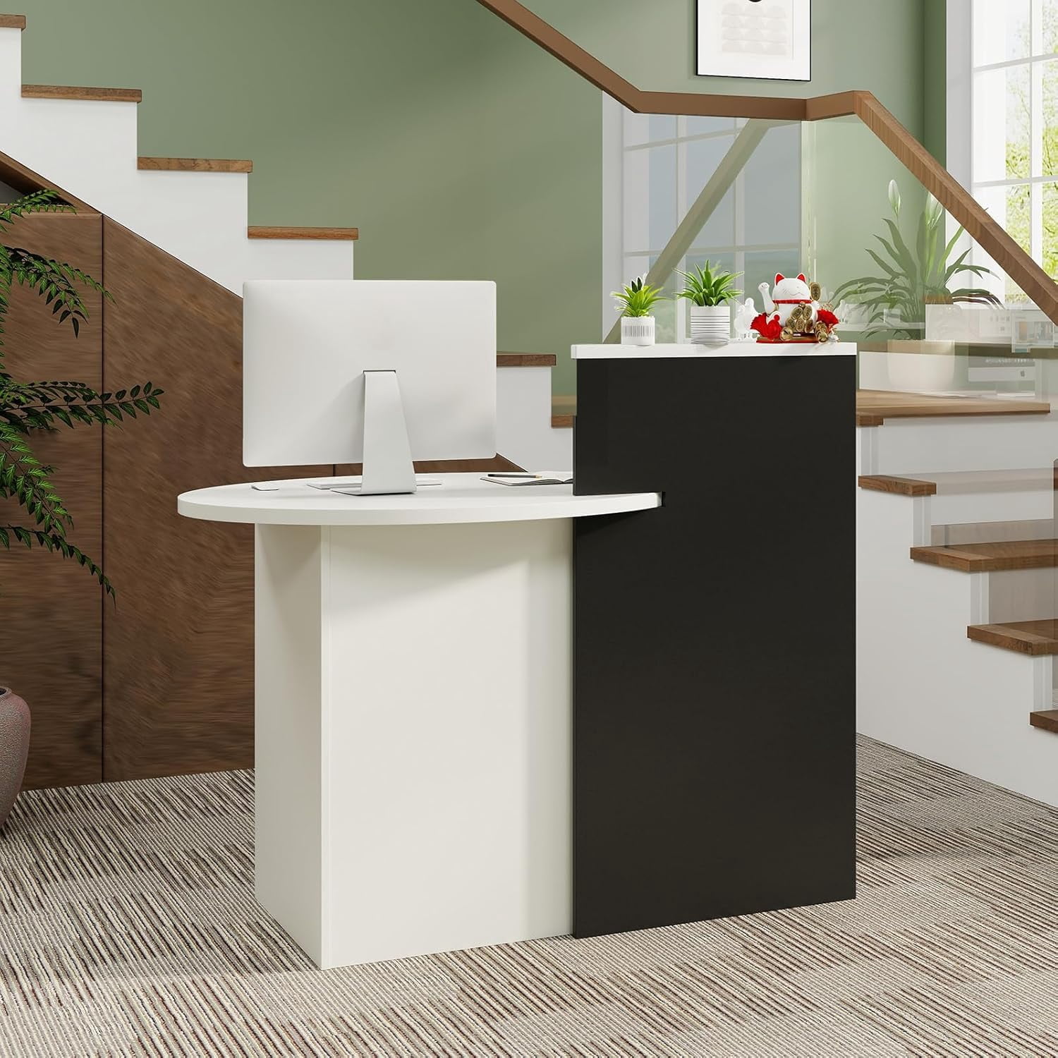 Reception Desk, Small Retail Checkout Counter with Lockable Drawer and Open Shelves, Wooden Front Desk Reception Counter, Oval Desktop & L Counter for Store Office Lobby Salon (White & Black)