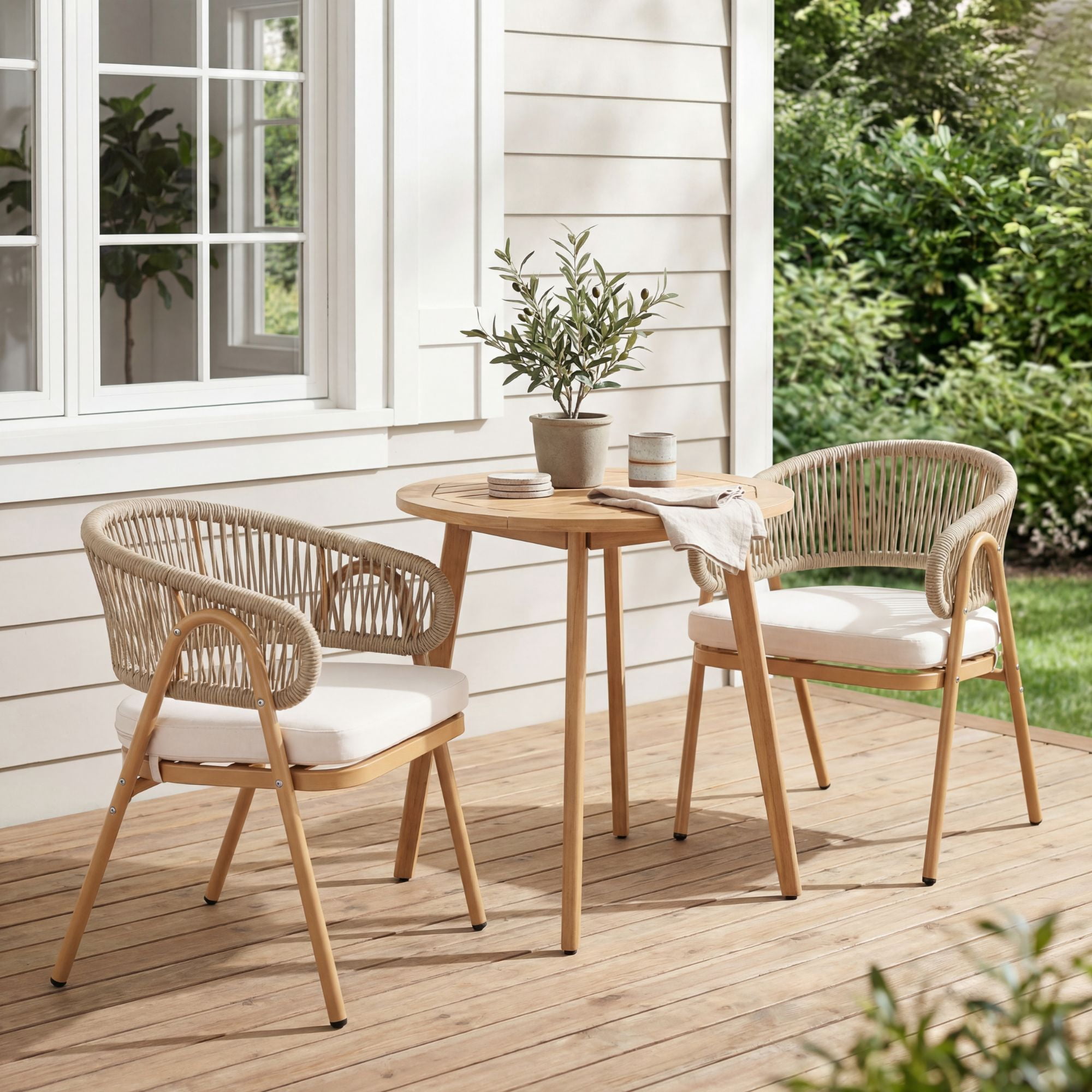 Dayalane Outdoor Dining Chairs Set of 2, Modern Rope Woven Patio Armchairs with Curved Back, Weather-Resistant Metal Frame, Balcony Backyard Bistro Seating, Beige