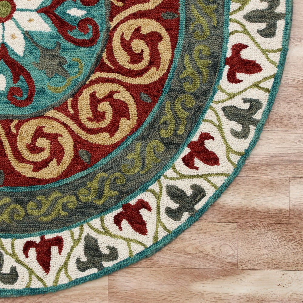 LR Home Wren 5' Round Green/Red Bordered Medallion Indoor Area Rug