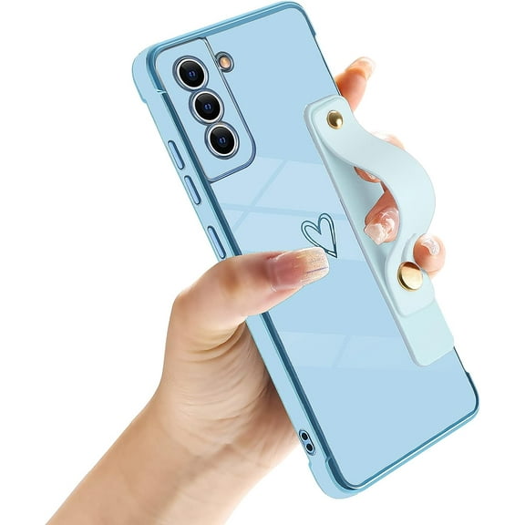 Designed for Samsung Galaxy S21 FE 6.4" Luxury Case for Women Girls,Soft Silicone Plating Bumper Wristband Holder Case Slim Anti-Scratch Shockproof Love Heart Cute Case(Sky Blue)