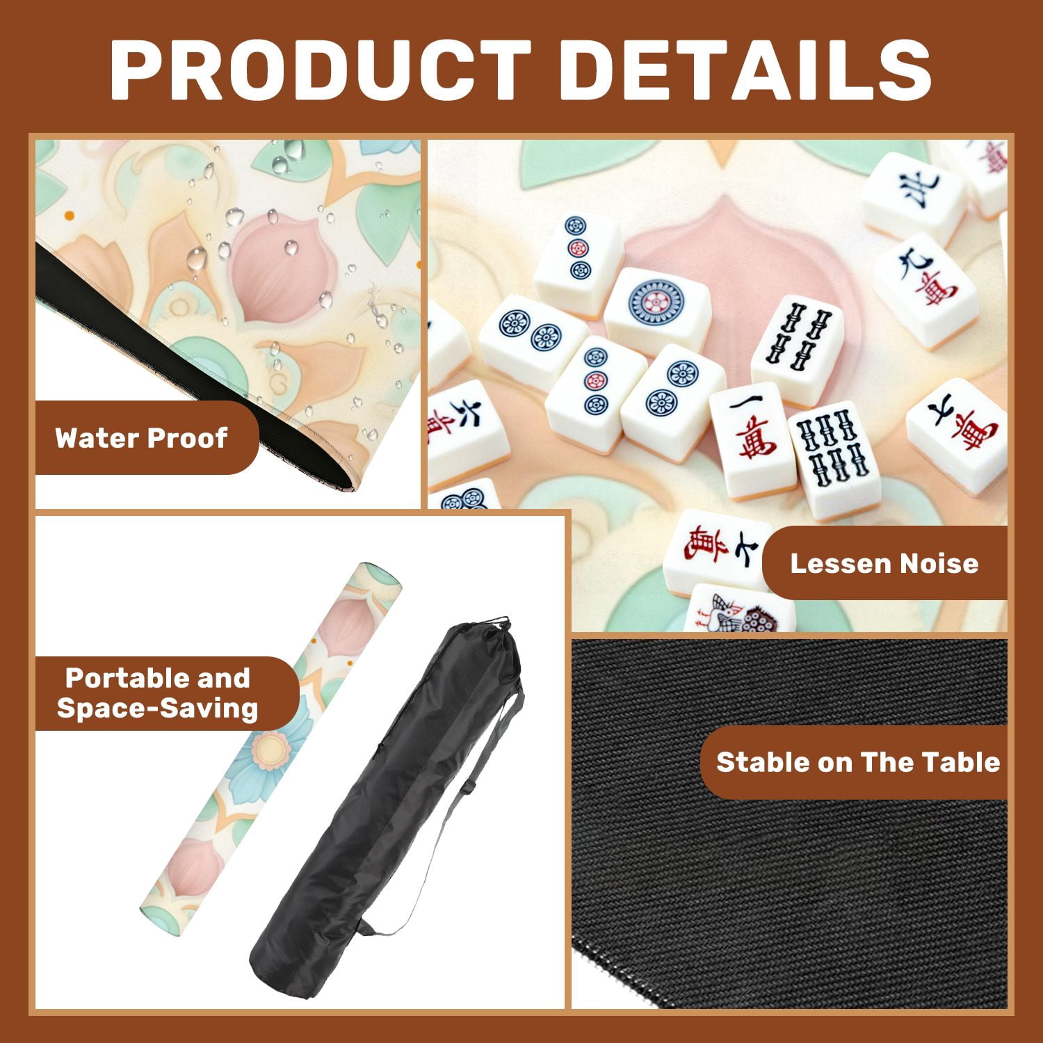 Mahjong Mat 31.5" x 31.5" Pastel Floral Mandala Symmetrical Ornamental Design Soft Blue Peach Non-Slip Noise Reduction American Mahjong Tiles Table Cover for Dominoes Poker Card Board Games Gift