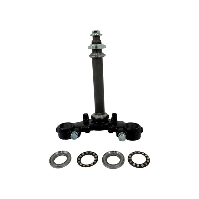 poste direccion veloci razzer 200 (21-23) Poste de dirección nuevo compatible con VELOCI RAZZER 200 (2021-2023), tija triple negra con eje vertical y tornillería; cuatro rodamientos y arandelas visibles delante; sistema de suspensión, marca Roda, multicolor.