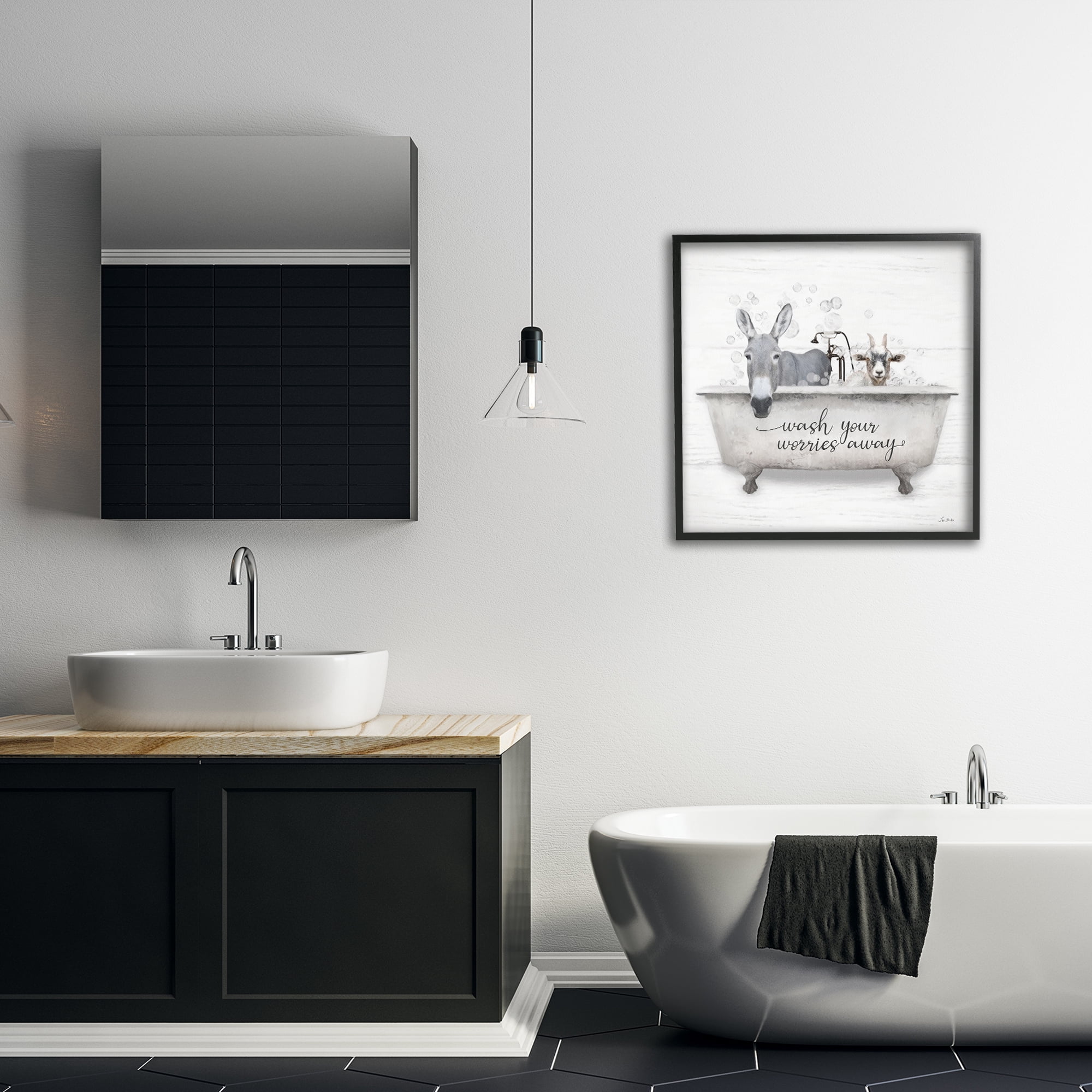 Stupell Industries Wash Worries Away Tub Typography Painting Black Framed Art Print Wall Art, 24 x 24