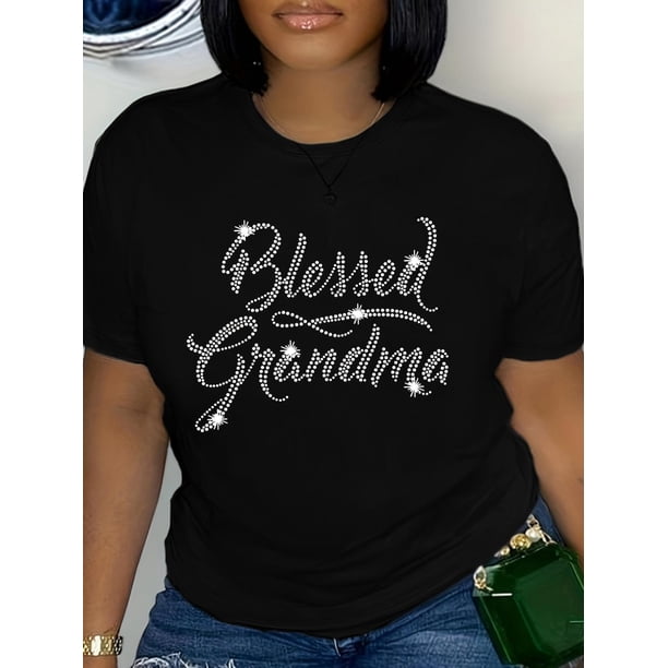 Rhinestone Letter Print Crew Neck T-Shirt, Casual Short Sleeve T-Shirt For Spring & Summer, Women's Clothing Tee For Adult, Men, Women, Teen, Teenager, Adolescent, Youth