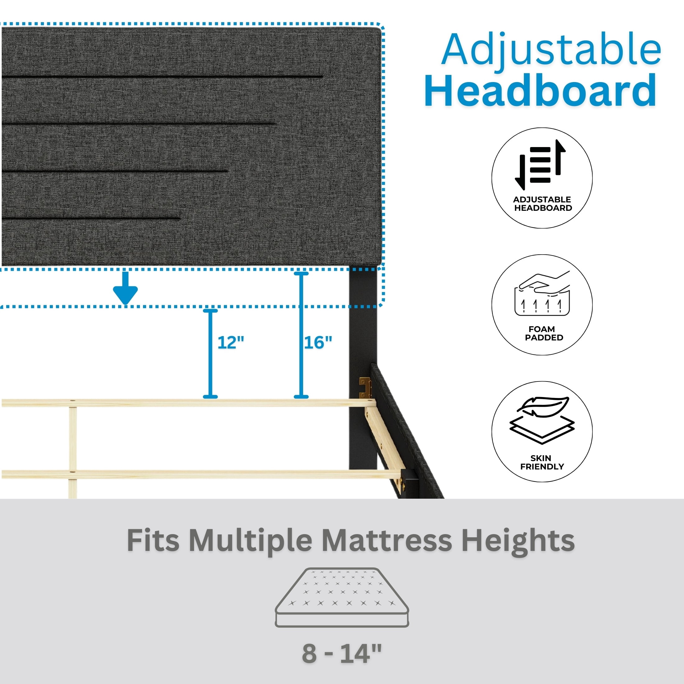 Boyd Sleep Cordoba Black Linen King Size Fully Upholstered Platform Bed Frame with Adjustable Headboard, Qualified Box Spring or Foundation Required for Use