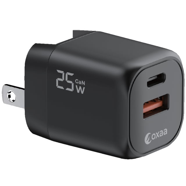 OXAA Chargeur Mural Rapide GaN 25 W à 2 Ports USB C et A - Adaptateur d'Alimentation PD 3.0 Compact pour Appareils iOS et Android