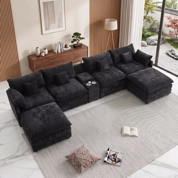 UBERLYFE 145 Inch U-Shaped Cloud Sectional Sofa, Chenille Modular Couch With Double Chaise, USB Charging Ports, Hidden Storage & Cup Holders For Living Room, Black