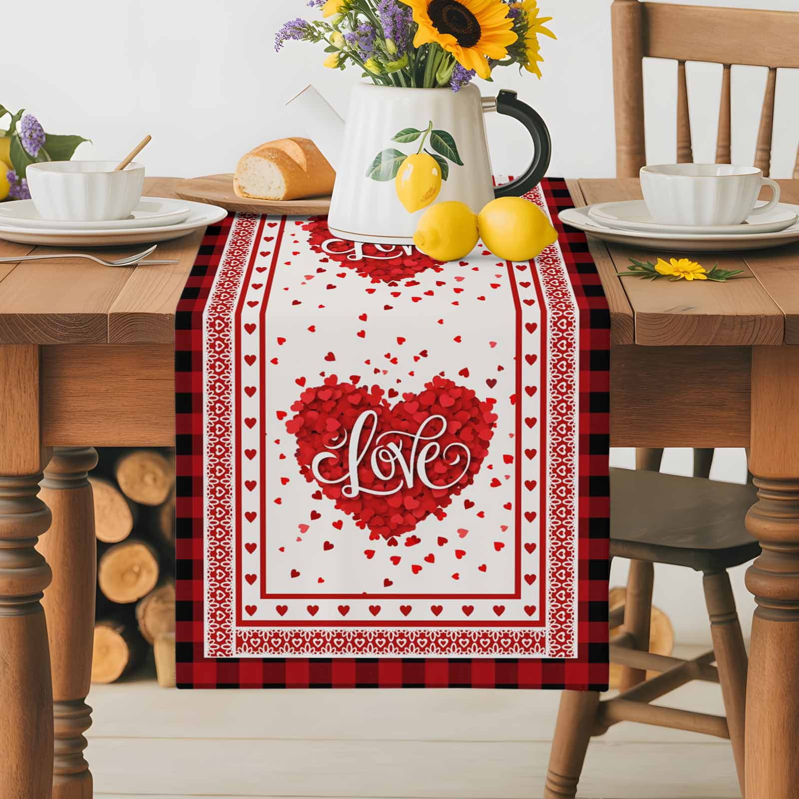 LOVE Heart Table Runner, Valentine's Day Romantic Red Plaid Boundary Washable Cotton-linen Table Runners Dining Kitchen Decoration for Everyday Home Wedding Party Decor, 13 x 90 Inch