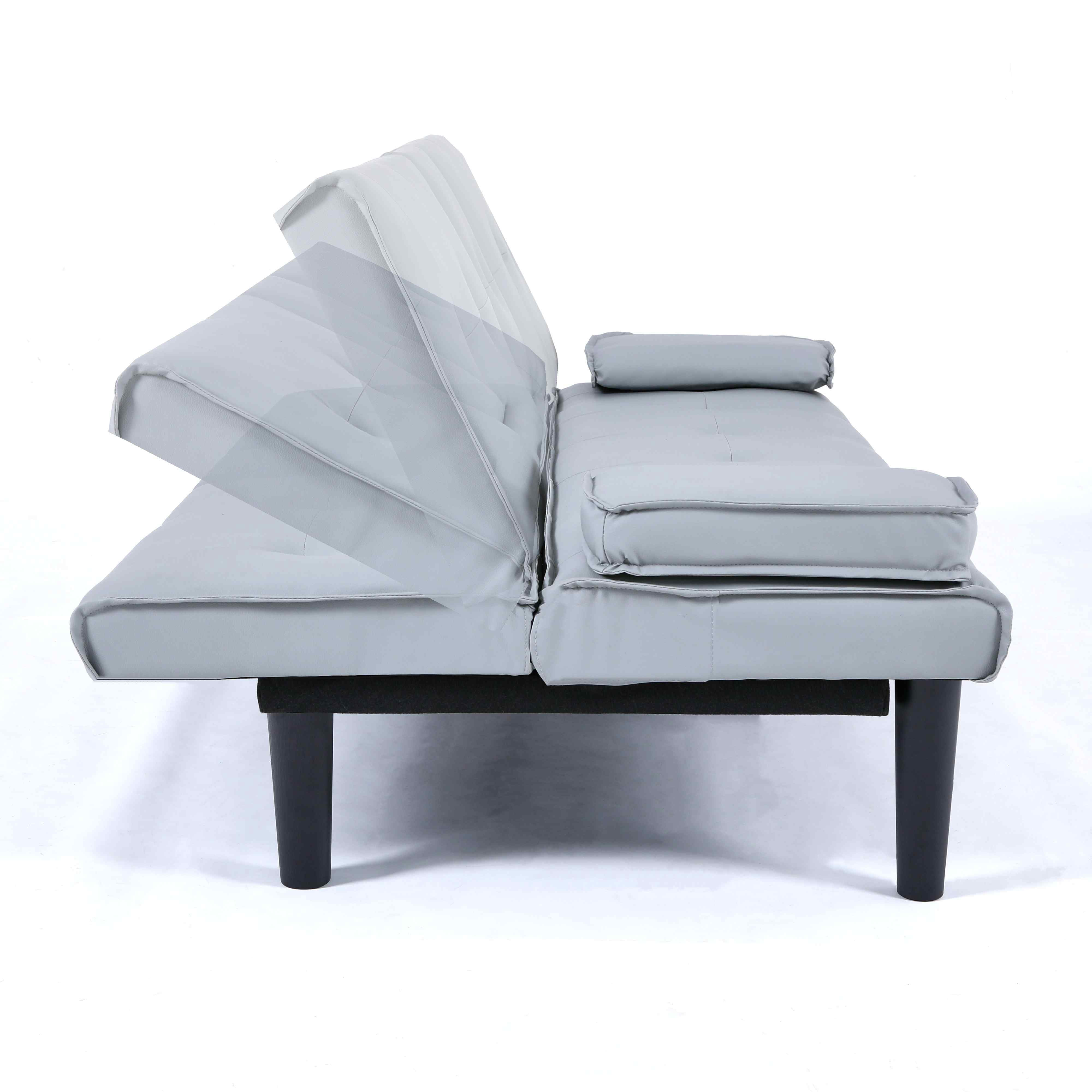 FFH 67" Futon Sofa Bed Loveseat Sleeper with Cup Holders, Folding PVC Couch for Small Spaces, Gray