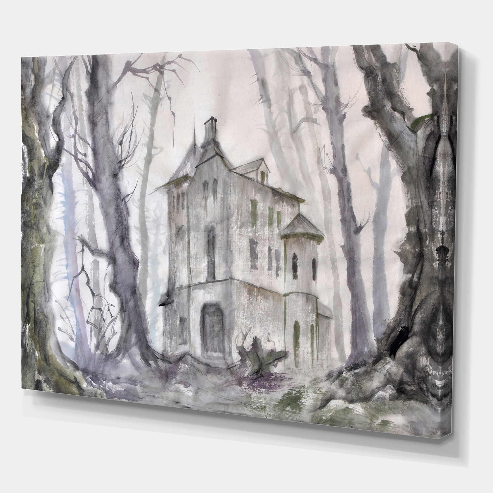 Old Haunted Castle In The Woods 40 in x 30 in Painting Canvas Art Print, by Designart