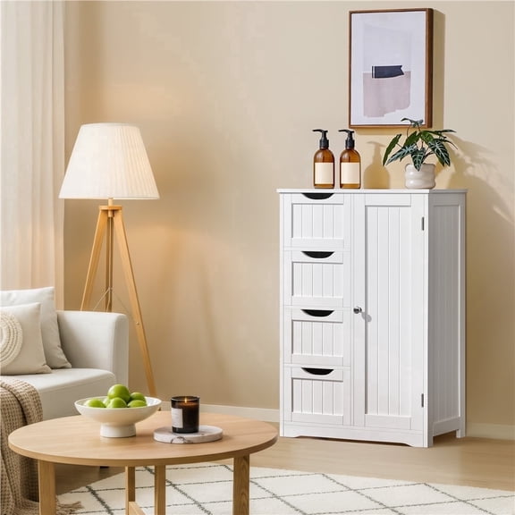Yaheetech Wooden Cabinet Storage Unit with 4 Drawers & Cupboard for Bathroom, White