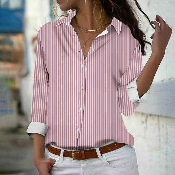 Clearance Mrasaso Striped Button Down Shirts for Womens 2024 Fall Long Sleeve V Neck Work Blouses Casual Loose Dressy Business Tops