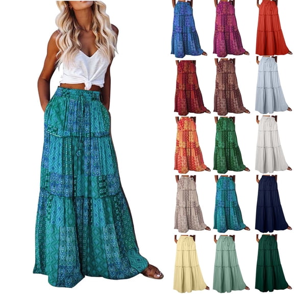 Horkkom Boho Skirts for Women Floral Print High Waist Maxi Skirts Summer Causal Loose Pleated Skirts L