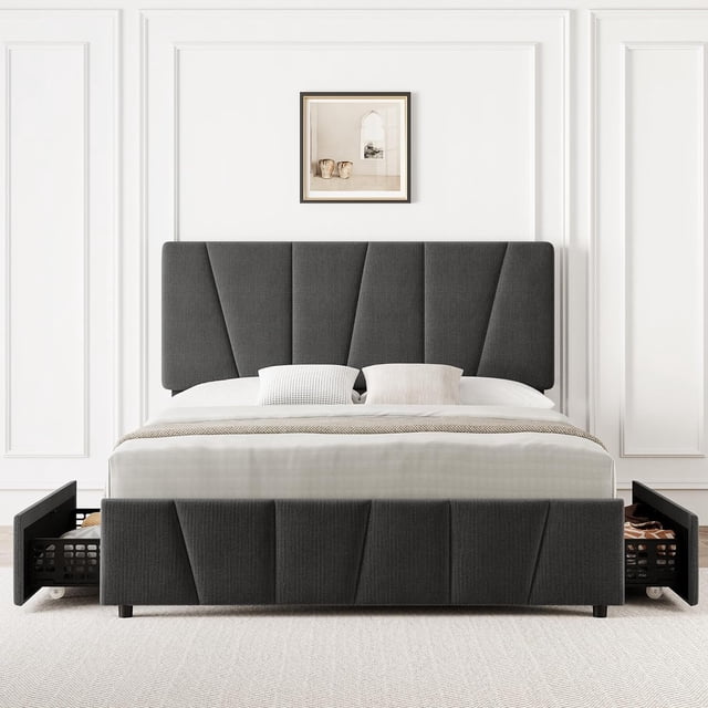 Full Size Bed Frame with Adjustable Headboard and 4 Storage Drawers, Soft Upholstered Platform Full Bed Frames with Wooden Slats Support, No Box Spring Needed, Grey