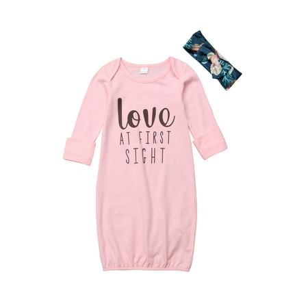 Sallenalee Baby Girl Sleeping Bag with Printed Bow Hair Band  Long Sleeve Envelope Neckline Sleepwear  Letter Pattern Stretchy Nightgown