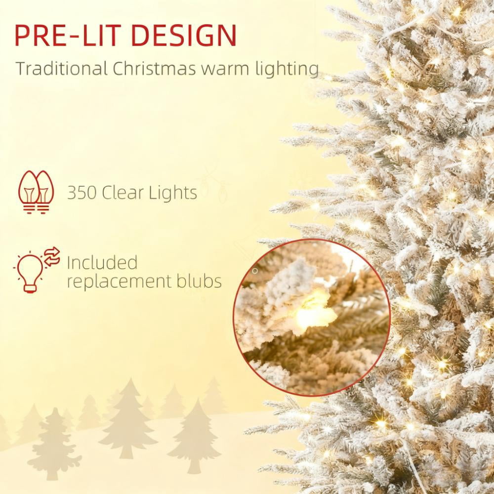 7.5ft Prelit Snow Flocked Christmas Tree with 350 Clear Lights 850 Tips Auto-Open Branches Indoor Decor