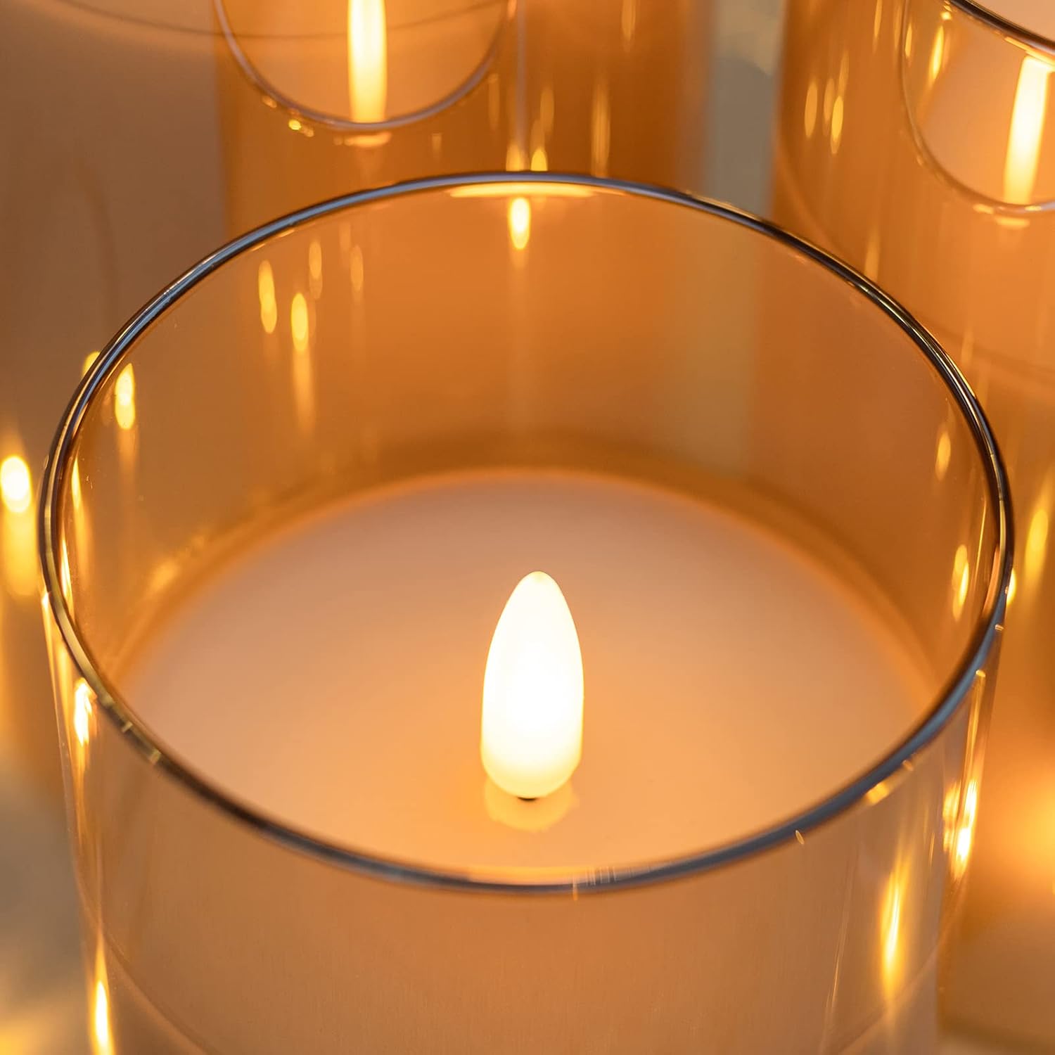 HearthHarmony Glass Flickering Flameless Candles with Remote, Battery Operated Candles with Timer, Fake LED Pillar Candles for Home Fireplace Mantle Bathroom Decor, Gold