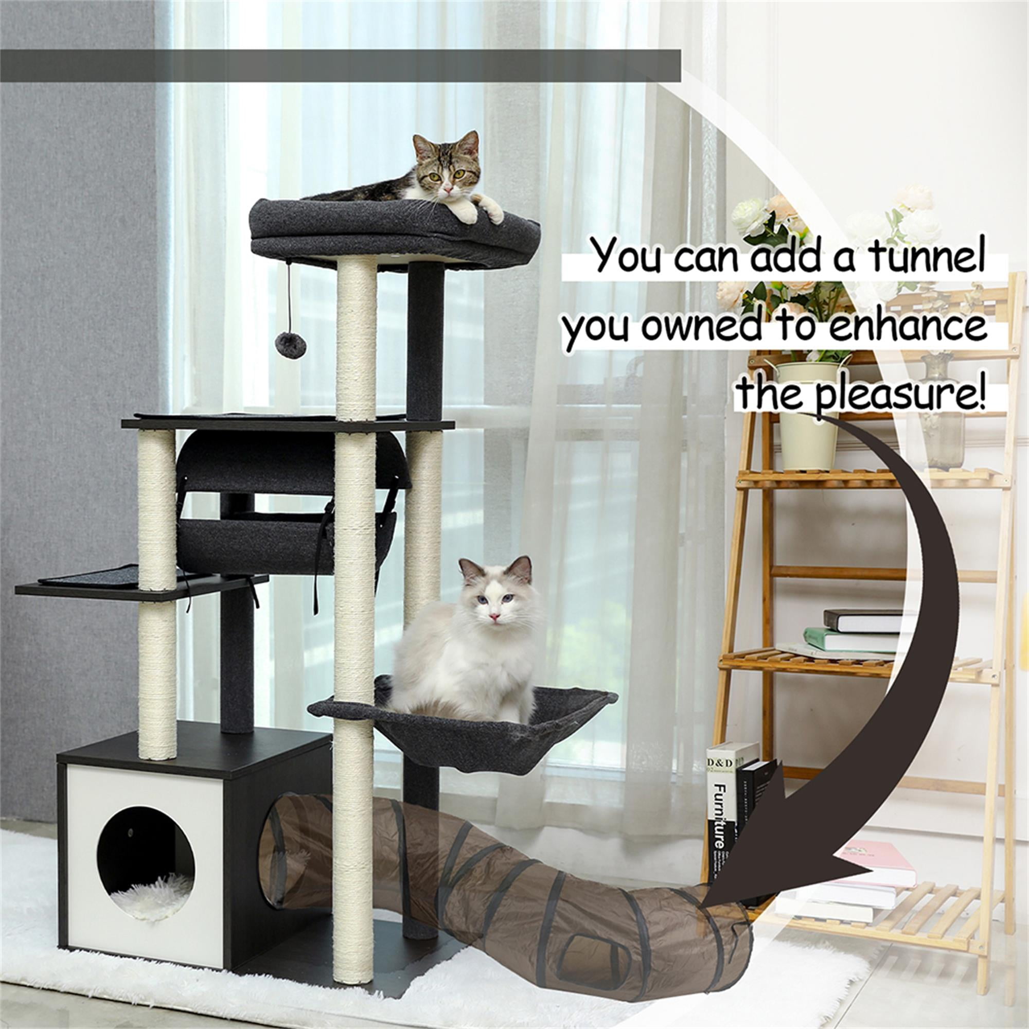 resenkos 51.4" 6 Levels Cat Tree Wooden Cat Tower Cozy Cat Condo, Spacious Perch, Hammock and Swing Tunnel for Indoor Cats, Gray