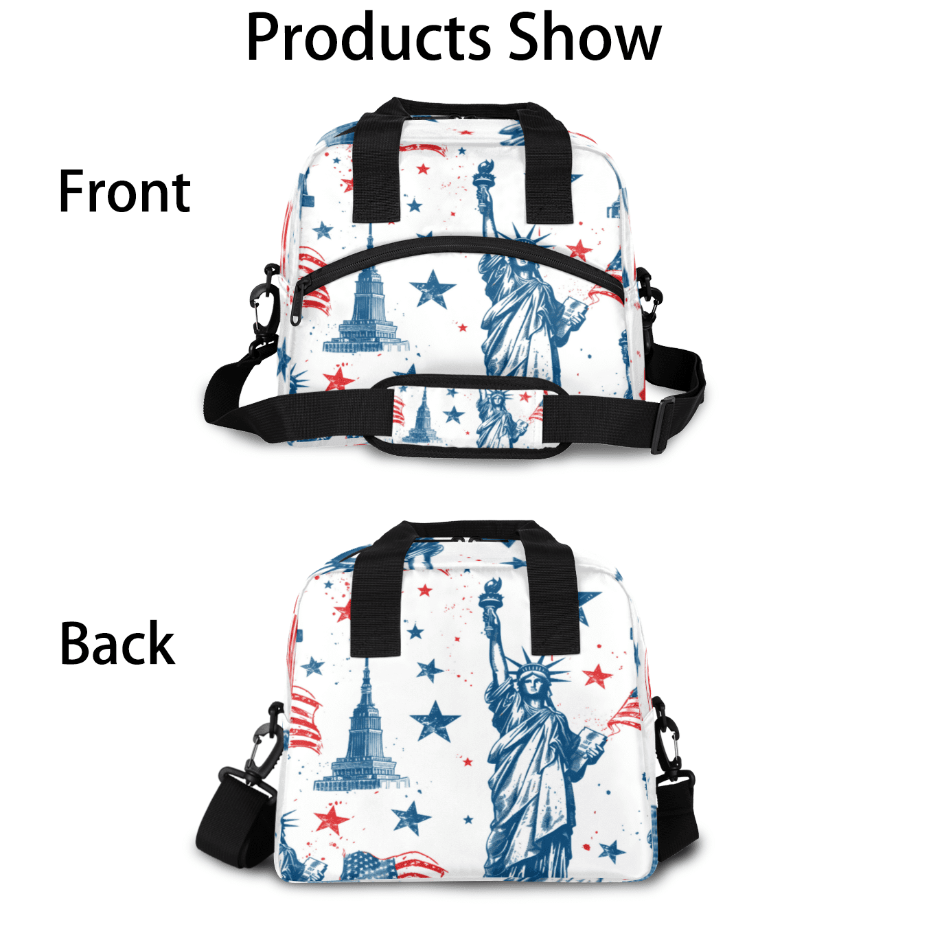 Herdesigns American Flag Insulated Lunch Bag for Women Men Adults Large Reusable Lunch Box Statue of Liberty Leakproof Cooler Tote Bags with Adjustable Shoulder Strap