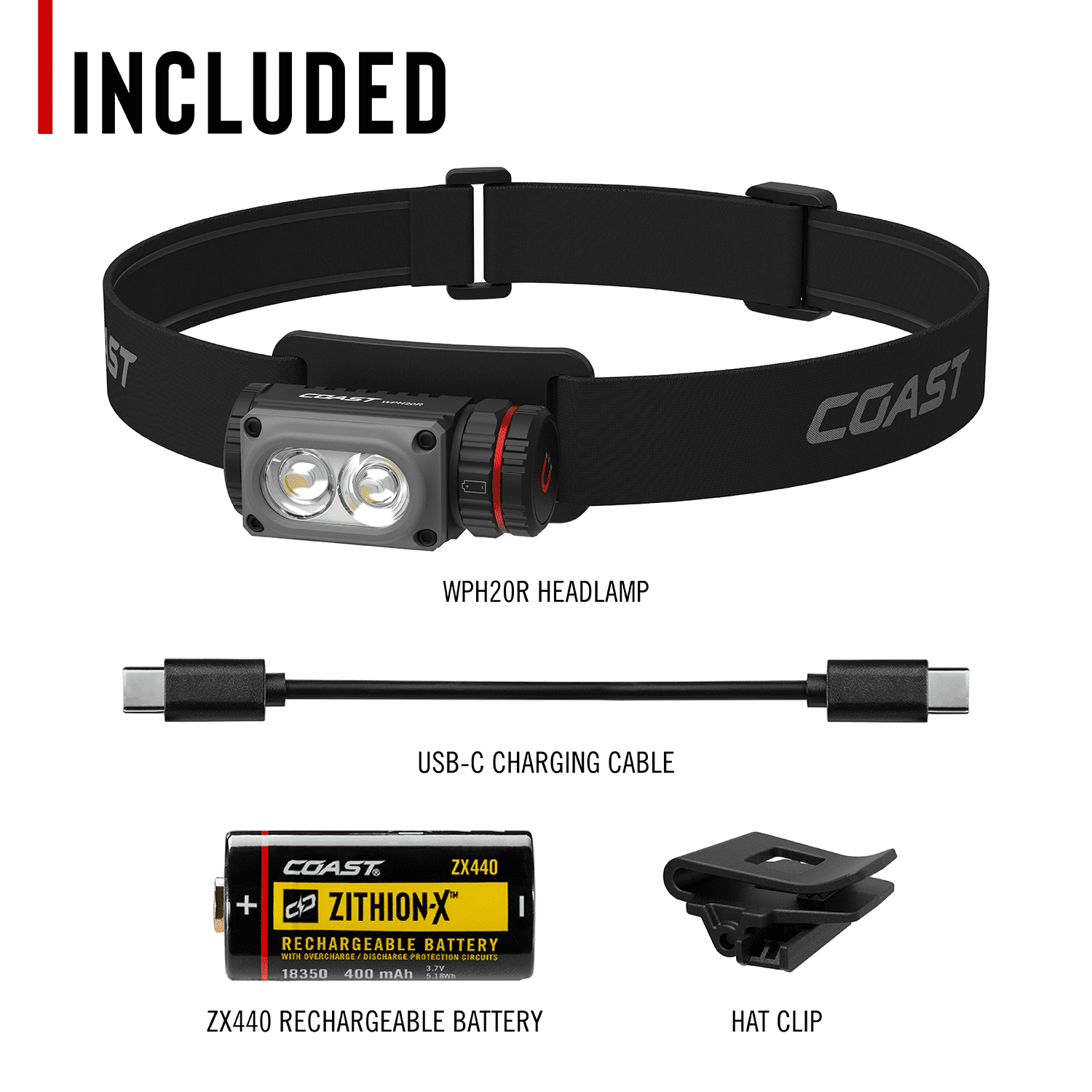Coast WPH20R 2000 Lumen Rechargeable LED Headlamp with Clip and Magnetic End Cap, IP67 Waterproof