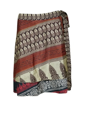 Mogul Women Red Black Silk 2 Layer Sari Reversible Mini Printed Wrap Skirts