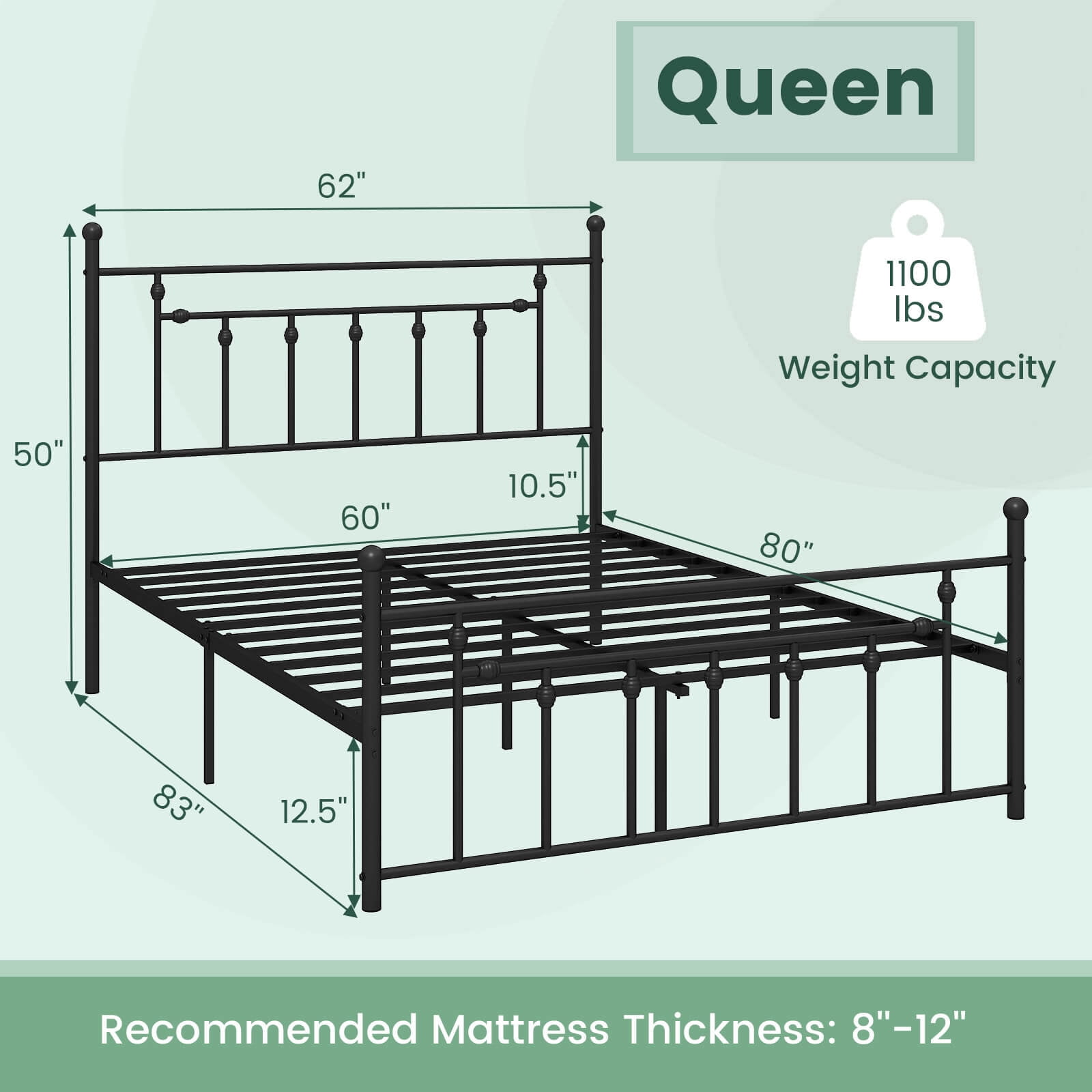 Infans Queen Size Metal Bed Frame w/ Headboard Under-bed Storage Mattress Foundation